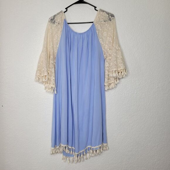 Southern Stitch Blue Crochet Lace Bell Sleeve Tassel Off the Shoulder Dress XXXL - Picture 8 of 8
